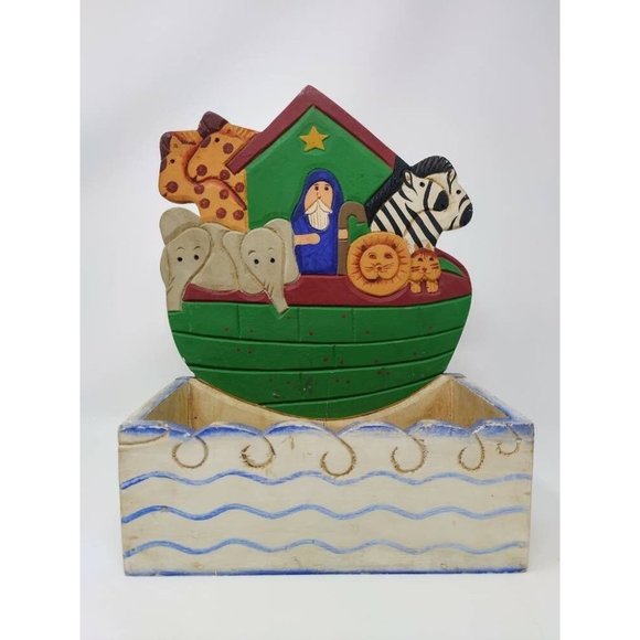 Vintage 1996 Figi Graphics Noah's Ark Wooden Folk Art Painted Standing Storage B - Picture 3 of 10